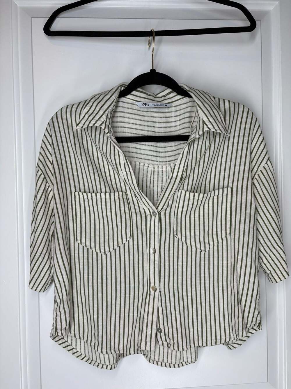 Zara Olive Green & White Striped Linen Crop Button Down - L